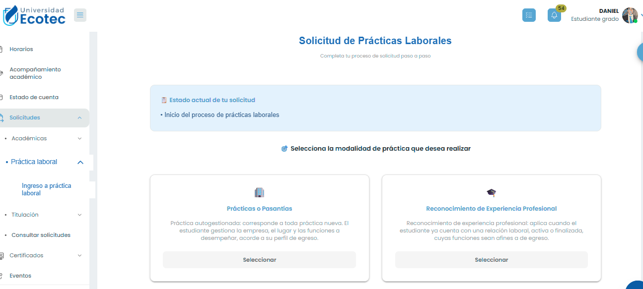 Pantalla de solicitud de prácticas laborales